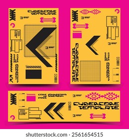 cyberpunk y2k 2000s gaming futuristic icon pattern set collection banner poster template hud for branding decoration decals, 2d illustration rendering vector 