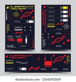 cyberpunk y2k 2000s gaming futuristic icon pattern set collection banner poster template hud branding decals, 2d illustration rendering vector 