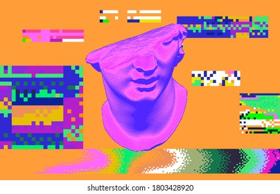 Cyberpunk-style collage with fragmentary  colossal 3D head and pixel artifacts. Vaporwave and retrowave aesthetics from the 80s.