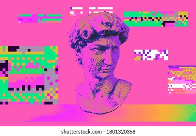 Cyberpunk-style collage with plaster 3D head and pixel artifacts. Vaporwave and retrowave aesthetics from the 80s.