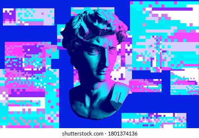 Collage al estilo ciberpunk con artefactos de cabeza y píxel 3D de yeso. Estética de vaporwave y retrowave de los años 80.