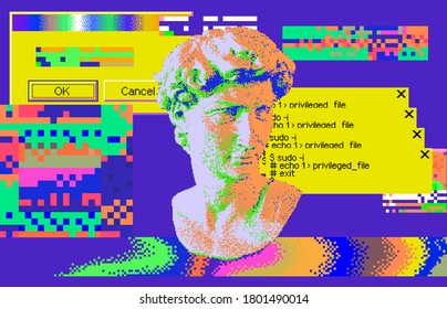Cyberpunk-style collage with plaster 3D head and pixel artifacts. Vaporwave and retrowave aesthetics from the 80s.
