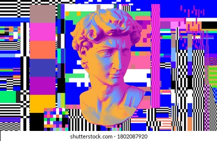 Cyberpunk-style collage with plaster 3D head and pixel artifacts. Vaporwave and retrowave aesthetics from the 80s.