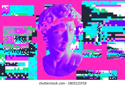 Cyberpunk-style collage with plaster 3D head and pixel artifacts. Vaporwave and retrowave aesthetics from the 80s.