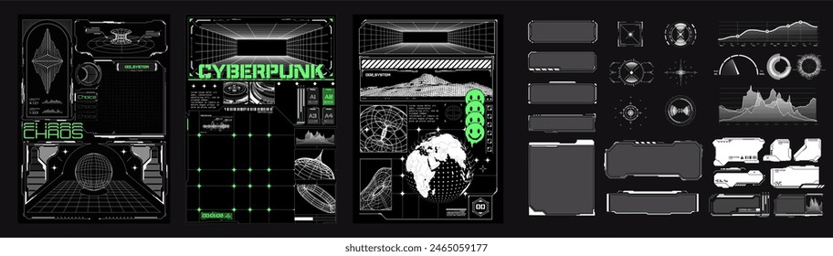 Cyberpunk-themed user interface elements, including holographic displays, grids, graphs, and futuristic design components. Ideal for sci-fi and technology projects. Collection of futuristic posters.