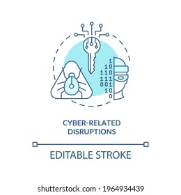 Cyber-related Disruptions Concept Icon. Energy Security Threat Idea Thin Line Illustration. Affecting Industry And Trade. Network Outage. Vector Isolated Outline RGB Color Drawing. Editable Stroke