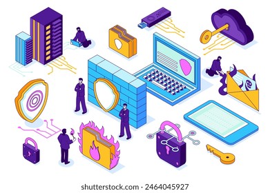 Cybersecurity 3d isometric mega set. Collection flat isometry elements and people of private data protect, cloud computing, key encryption, shields, padlocks, scam email attack. Vector illustration.