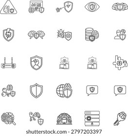 Cybersecurity and AI data protection outline icons with artificial int