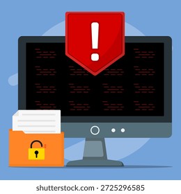 Ilustração de alerta de segurança cibernética mostrando aviso de violação de dados, arquivos bloqueados e risco do sistema na tela do computador. Representando ataque de malware, proteção de dados, ameaça de privacidade e segurança digital.