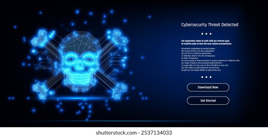 Alerta de ciberseguridad que indica una amenaza detectada con un cráneo digital y huesos cruzados sobre un fondo azul.