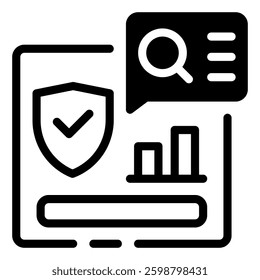 Cybersecurity Analysis: An illustrative representation of digital security and data analysis, showcasing a shield icon with a checkmark alongside search and data analysis symbols.
