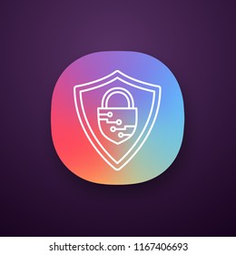 Cybersecurity app icon. UI/UX user interface. Safeguard. Shield with closed padlock inside. Artificial intelligence. Web or mobile application. Vector isolated illustration