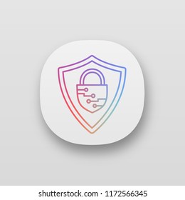 Cybersecurity app icon. UI/UX user interface. Safeguard. Shield with closed padlock inside. Artificial intelligence. Web or mobile application. Vector isolated illustration