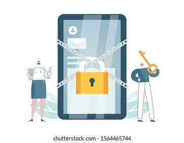 Cybersecurity app works. Protection software for smartphones blocks access. Safety for devices. Verification message requires code. Blue, yellow concept vector illustration EPS 10 isolated on white