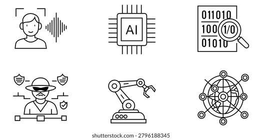 Cybersecurity and Artificial Intelligence Icon Set Featuring Digital Protection Data Analysis Automation Robotics and Smart Technology Security Concepts