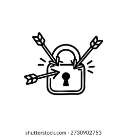 Concepto de protección de ataque de ciberseguridad candado de Vector en blanco y negro con flechas icono de riesgo de violación de seguridad