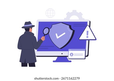 Cybersecurity Auditing and Threat Analysis Illustration. A Detective-like Professional Inspecting a Computer for Security Vulnerabilities and Malware. Vector Flat Illustration