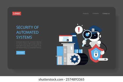 Cybersecurity automation concept. AI robot with magnifying glass and shield ensures data protection. Secure login system and factory settings. Vector illustration.