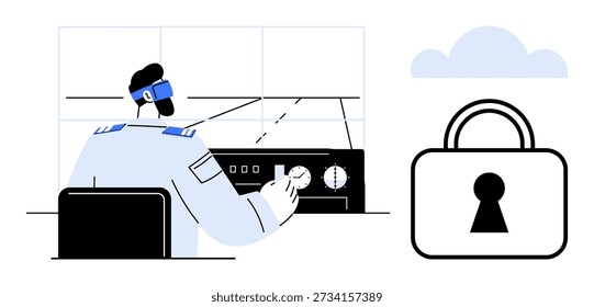 Cybersecurity, aviation safety, data protection, risk management, remote operations, modern technology. A pilot adjusting controls with a padlock icon. Cybersecurity and aviation safety concept