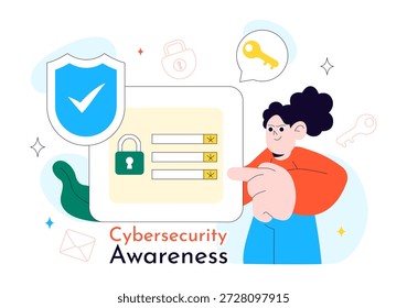 Cybersecurity Awareness Campaign Vector Illustration Featuring Digital Safety, Data Protection, And Online Security Education in Flat Background