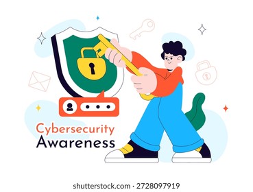 Cybersecurity Awareness Campaign Vector Illustration Featuring Digital Safety, Data Protection, And Online Security Education in Flat Background