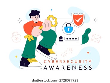 Ilustración vectorial de campaña de concienciación sobre ciberseguridad con seguridad digital, protección de datos e Educación de seguridad en línea en fondo plano