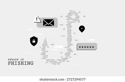 Concepto de conciencia de ciberseguridad con alertas de phishing, protección de Contraseñas e íconos de correo electrónico seguros integrados con código binario. Profesional visual para privacidad de datos y advertencia de amenazas en línea. Código