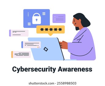 Cybersecurity awareness woman using laptop digital security concept lock icons passwords floating elements colorful design landing page