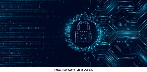 Fundo de segurança cibernética com um ícone de cadeado digital com padrão de placa de circuito azul brilhante e elementos eletrônicos. Design de interface do usuário futurista para criptografia de dados e segurança das informações. Vetor.