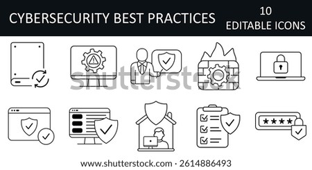 Cybersecurity Best Practices icon set including password manager, security training, safe browsing, secure remote work, firewall, and data backup. Outline style symbols.