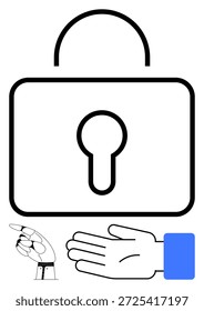 Cybersicherheit, Biometrie, Datenschutz, Identitätsüberprüfung, digitaler Zugang, Sicherheit. Vorhängeschloss mit Roboter- und menschlichen Handzeichen. Cybersicherheit und biometrisches Konzept