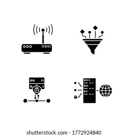 Cybersecurity black glyph icons set on white space. Gateway, content filtering, SSL encryption and transparent proxy silhouette symbols. Internet security technologies. Vector isolated illustration