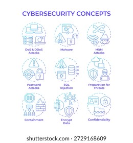 Cybersecurity blue gradient concept icons. Sql injection, personal privacy. Ddos attack. Internet protection. Icon pack. Vector images. Round shape illustrations for brochure, booklet. Abstract idea