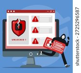 Cybersecurity breach illustration showing hacker stealing data from an unlocked system, warning alerts on screen. Symbolizing cybercrime, identity theft, hacking attack and digital security failure
