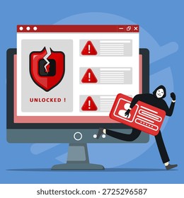 Ilustración de violación de seguridad cibernética que muestra a piratas informáticos robando datos de un sistema desbloqueado, alertas de advertencia en pantalla. Simbolizando el cibercrimen, el robo de identidad, el ataque informático y el fallo de seguridad digital