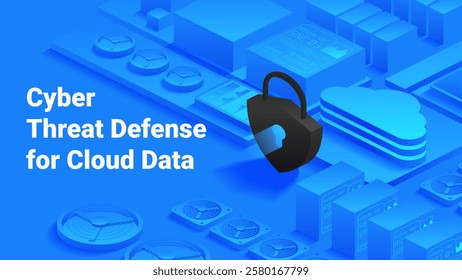 Cybersecurity for cloud data. Secure servers, padlock icon and digital interfaces, data protection, cybersecurity, privacy and protection of digital assets. Isometric vector illustration