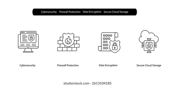 Cybersecurity Cloud and Firewall Protection Icons for Encrypted Data Storage