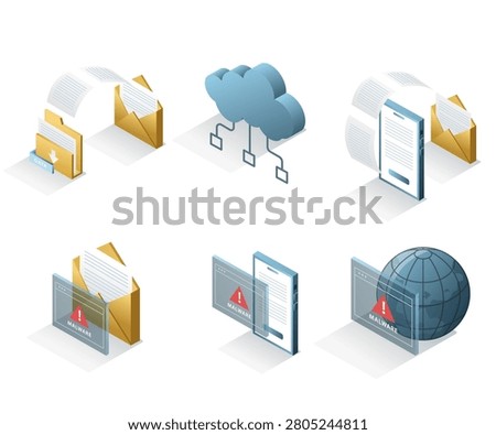 Cybersecurity and Cloud Storage Icons Set with Malware Detection Secure Documents Mobile Protection and Data Transfer