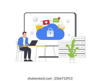 Cybersecurity in cloud-based media management. Protecting data files and documents in digital folders during data transfers. Vector illustration of cloud storage icon.