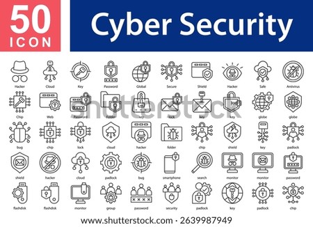 Cybersecurity Collection of Icons with Outline Style Containing: 

Hacker,Cloud,Key,Password,Global,Secure,Shield,Hacker,Safe,Antivirus,Chip,Web,Password,Folder,key,lock,key,key,globe,globe,bug,chip