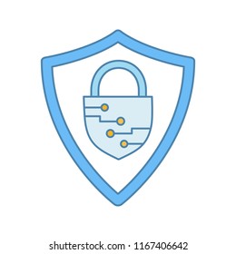 Cybersecurity color icon. Safeguard. Shield with closed padlock inside. Artificial intelligence. Isolated vector illustration