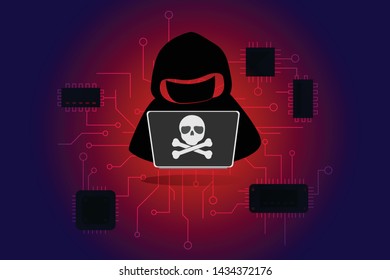 Cybersecurity, computer hacker with hoodie and obscured face.