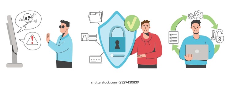 Cybersecurity, computer virus or malware. Network and information security, data recovery software. Antivirus programs for recover lost information privacy or protection from cyber attack. Tech safety