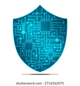 Un concepto de ciberseguridad con un escudo azul y una placa de circuito impreso