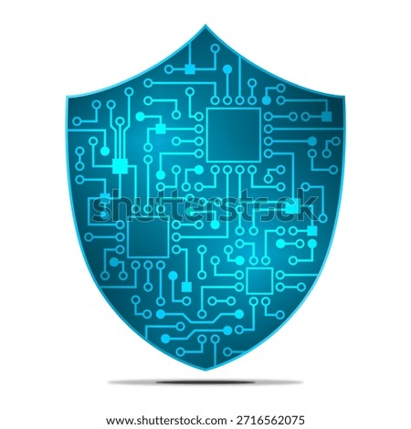 A cybersecurity concept with a blue shield and a printed circuit board