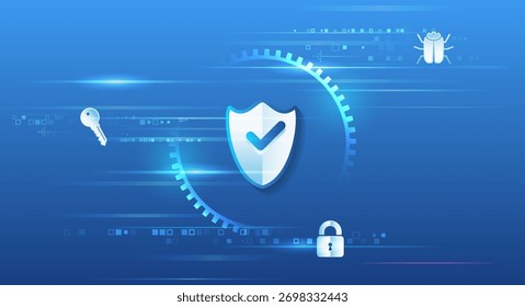 Cybersecurity concept with a digital shield, key, and lock on a blue tech background. Abstract protection design symbolizing data safety, encryption, and secure access.