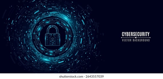 Cybersecurity concept featuring a glowing cyber padlock surrounded by decaying big data elements on a dark tech background. Secure networks and encryption technology. Vector illustration.
