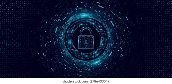 Cybersecurity concept featuring a glowing cyber padlock surrounded by decaying big data elements on dark background. Secure networks and encryption technology. Vector illustration.