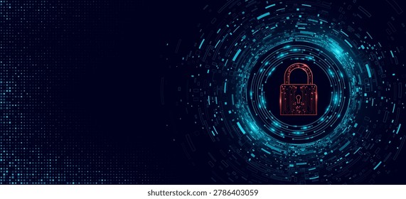Cybersecurity concept featuring a glowing cyber red padlock surrounded by decaying big data elements on dark background. Secure networks and encryption technology. Vector illustration.