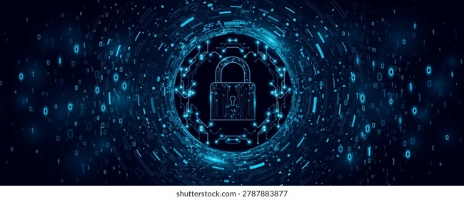 Cybersecurity concept featuring a glowing cyber padlock surrounded by decaying data elements and binary code on dark background. Secure networks and encryption technology. Vector illustration.